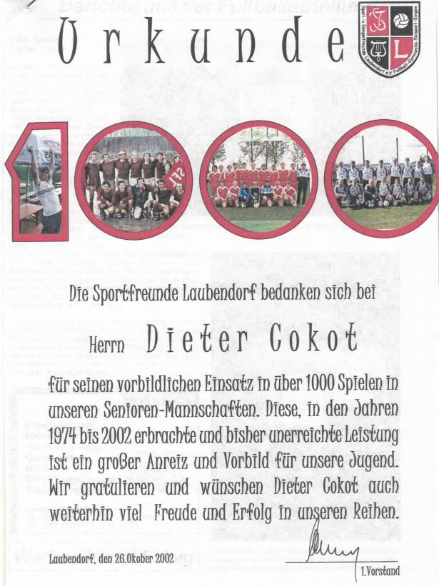 Urkunde für Dieter Cokot anlässlich seiner 1000 Spiele.